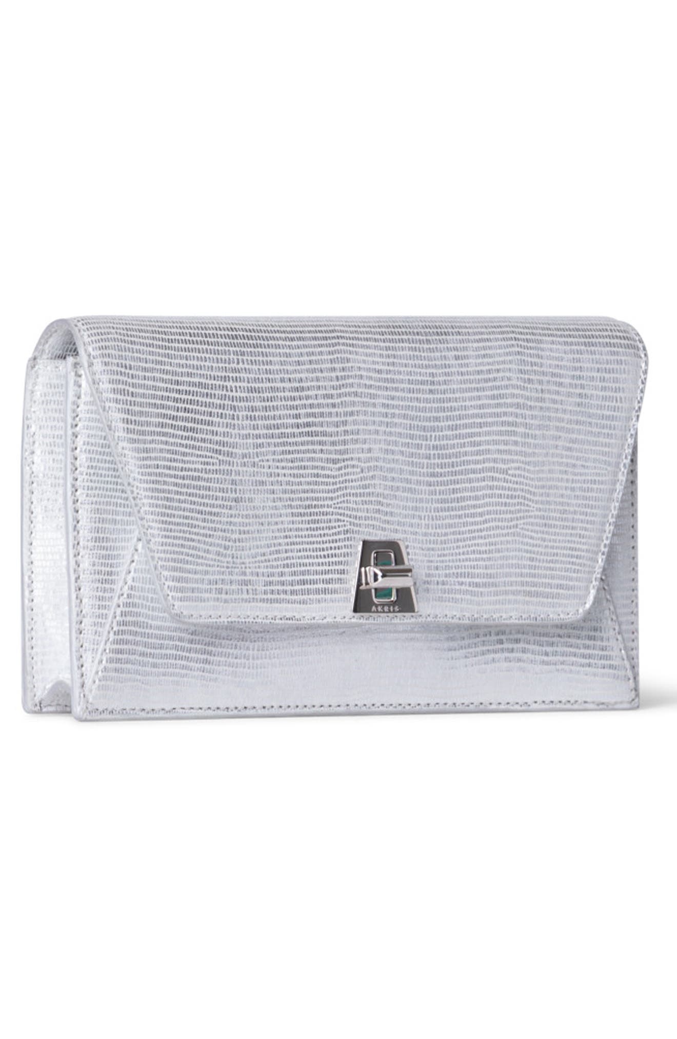 Anouk Lizard Embossed Leather Envelope Wallet on a Chain, Alternate, color, SILVER METALLIC