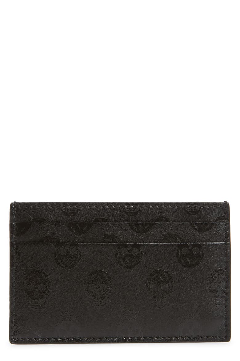 Alexander McQueen Skull Debossed Leather Card Holder, Main, color, BLACK