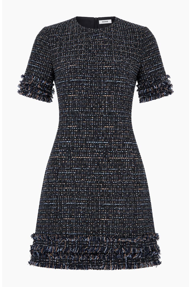 Tweed Sheath Dress with Fringe Details, Alternate, color, Navy Blue