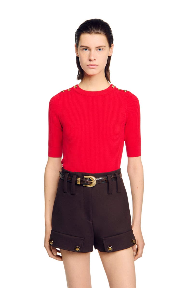 SANDRO Short-sleeve ribbed sweater, Alternate, color, Red