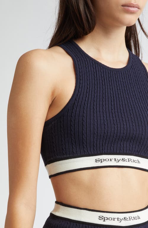 Sporty And Rich Sporty & Rich Serif Logo Cable Stitch Crop Sweater Tank In Navy