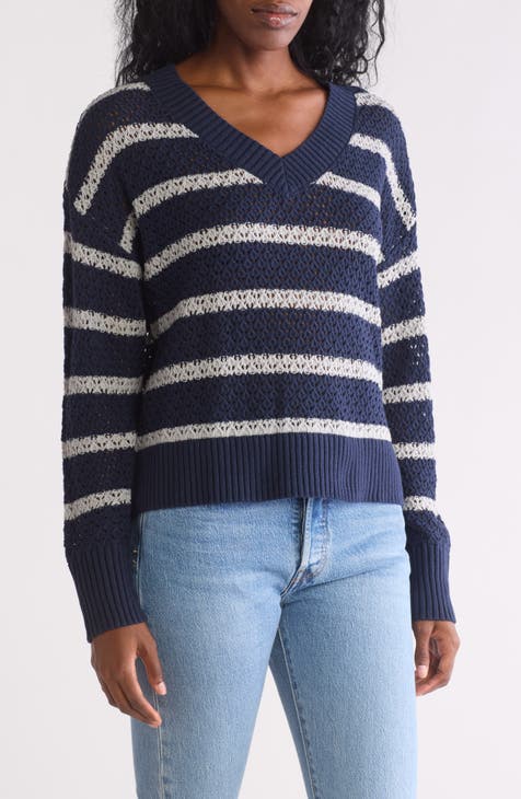 Stripe V-Neck Pointelle Sweater