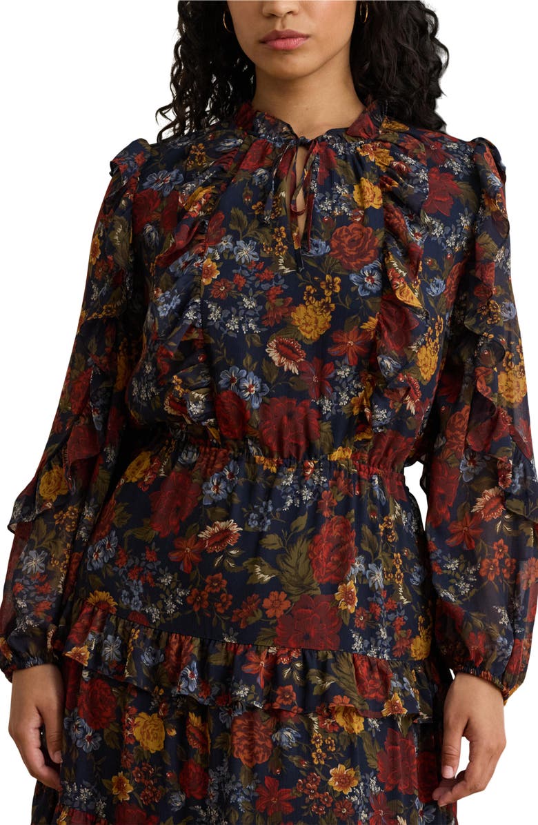 Lauren Ralph Lauren Floral Tiered Long Sleeve Crinkled Georgette Dress, Alternate, color, Navy Multi