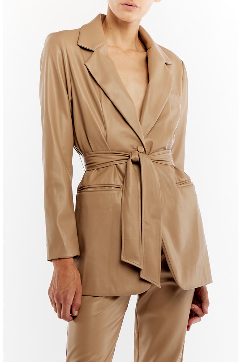 Bardot Belted Faux Leather Jacket, Alternate, color, TAUPE