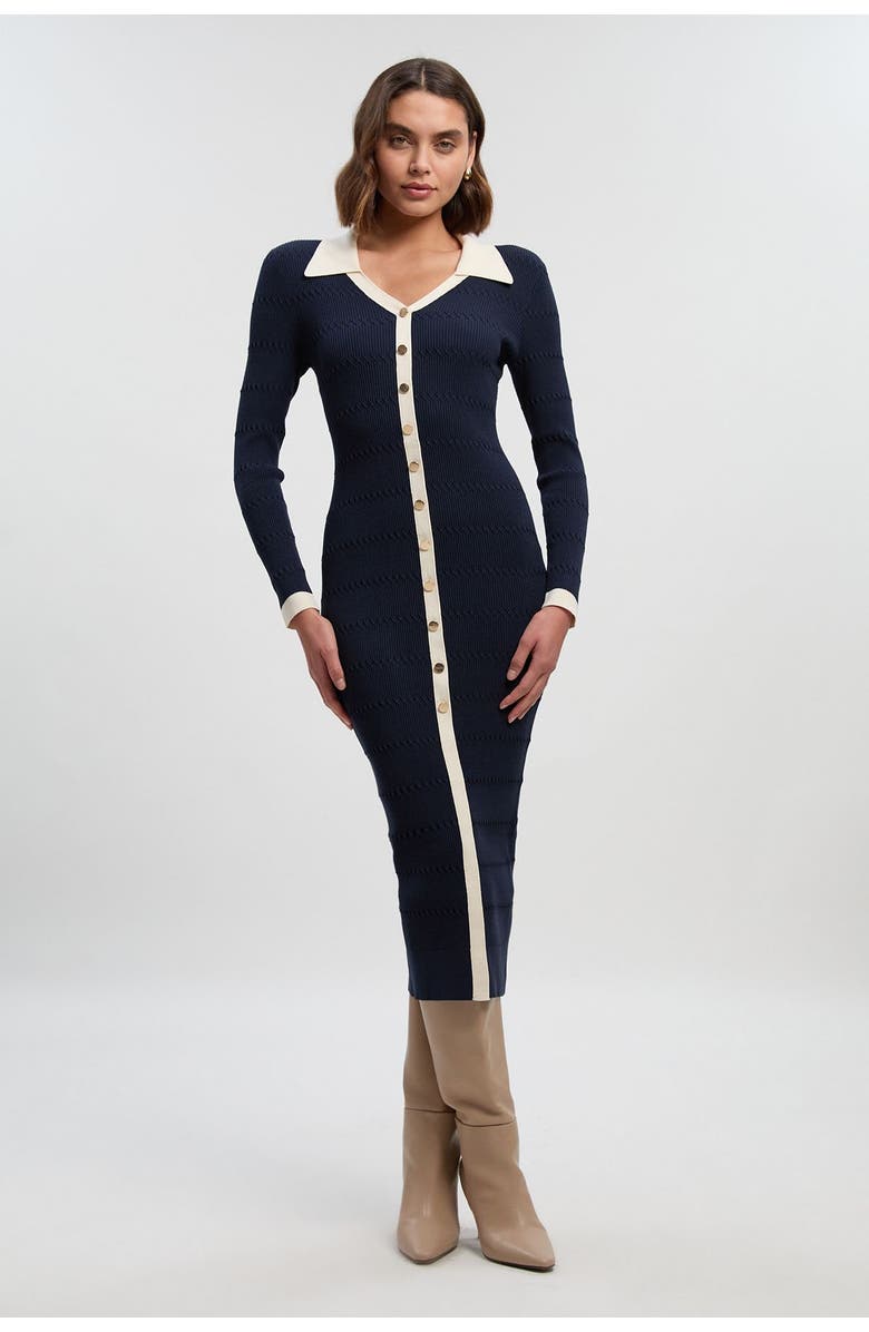 Karen Millen Rib Contrast Button Knit Midi Dress, Main, color, Navy