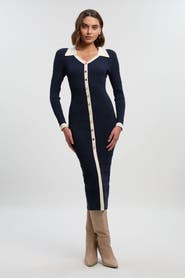 Karen Millen Rib Contrast Button Knit Midi Dress