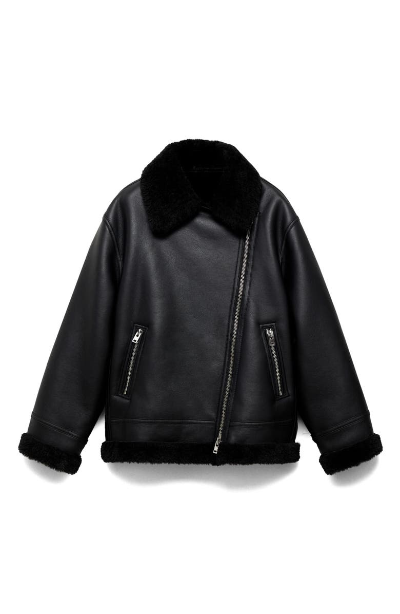 MANGO Faux Leather & Faux Shearling Moto Jacket, Alternate, color, Black