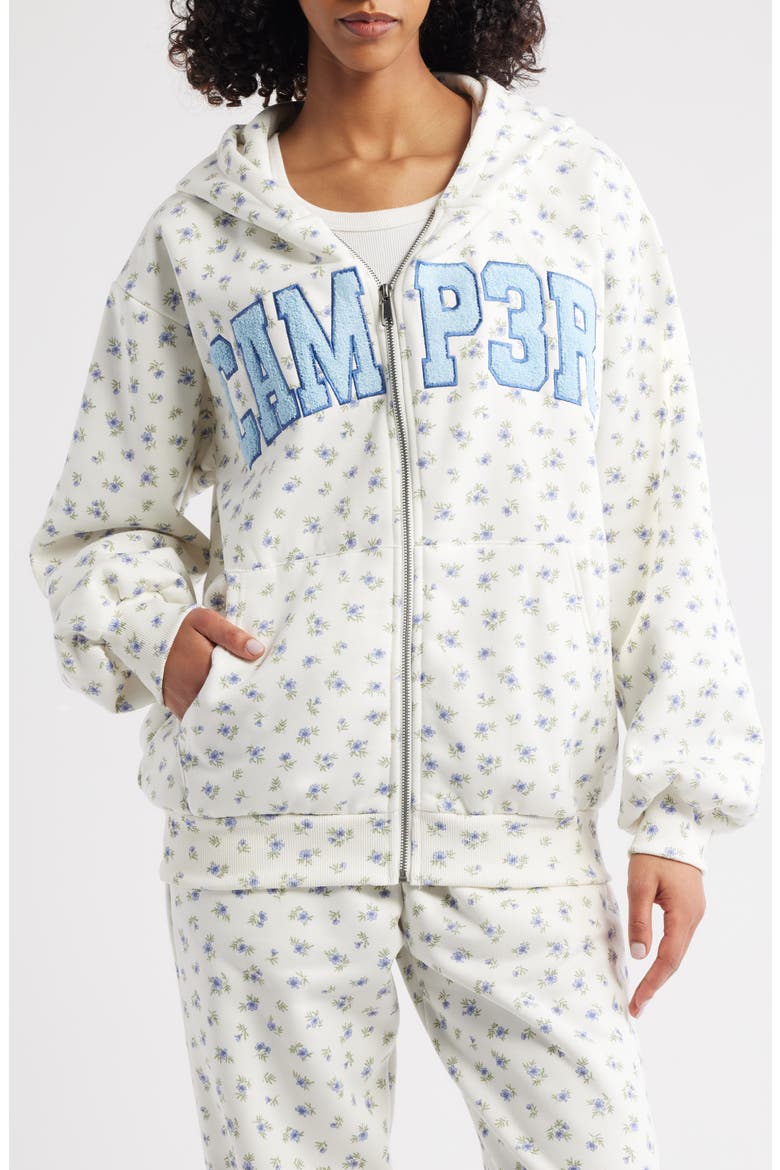Floral Appliqué Graphic Zip-Up Hoodie, Alternate, color, LIGHT GRAY