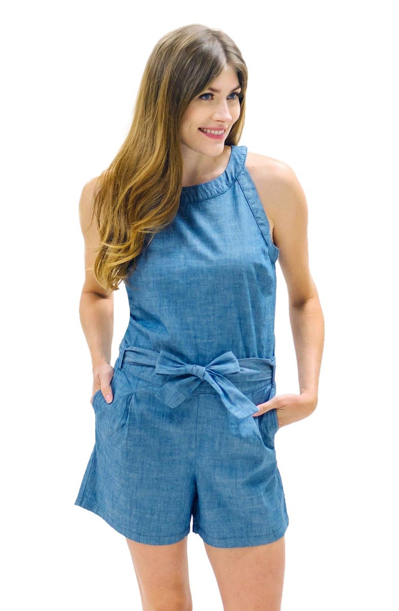 Hope & Henry Women's Organic Chambray Halter Romper, Main, color, Blue Chambray