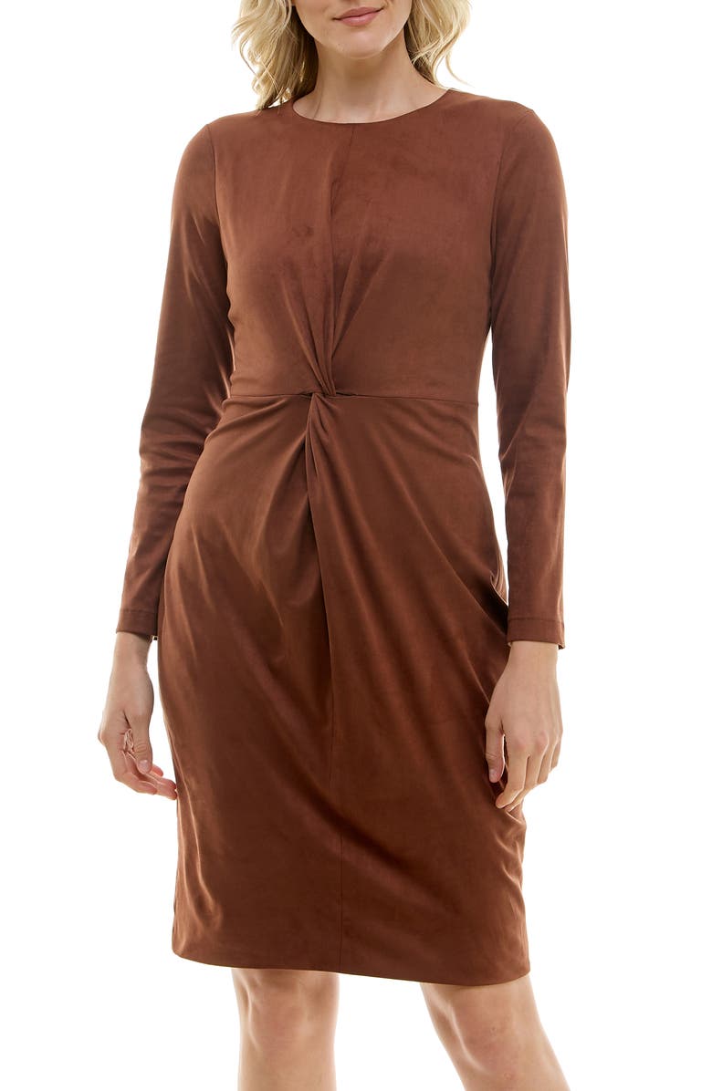 Nicole Miller Faux Suede Twist Front Minidress, Main, color, Chocolate