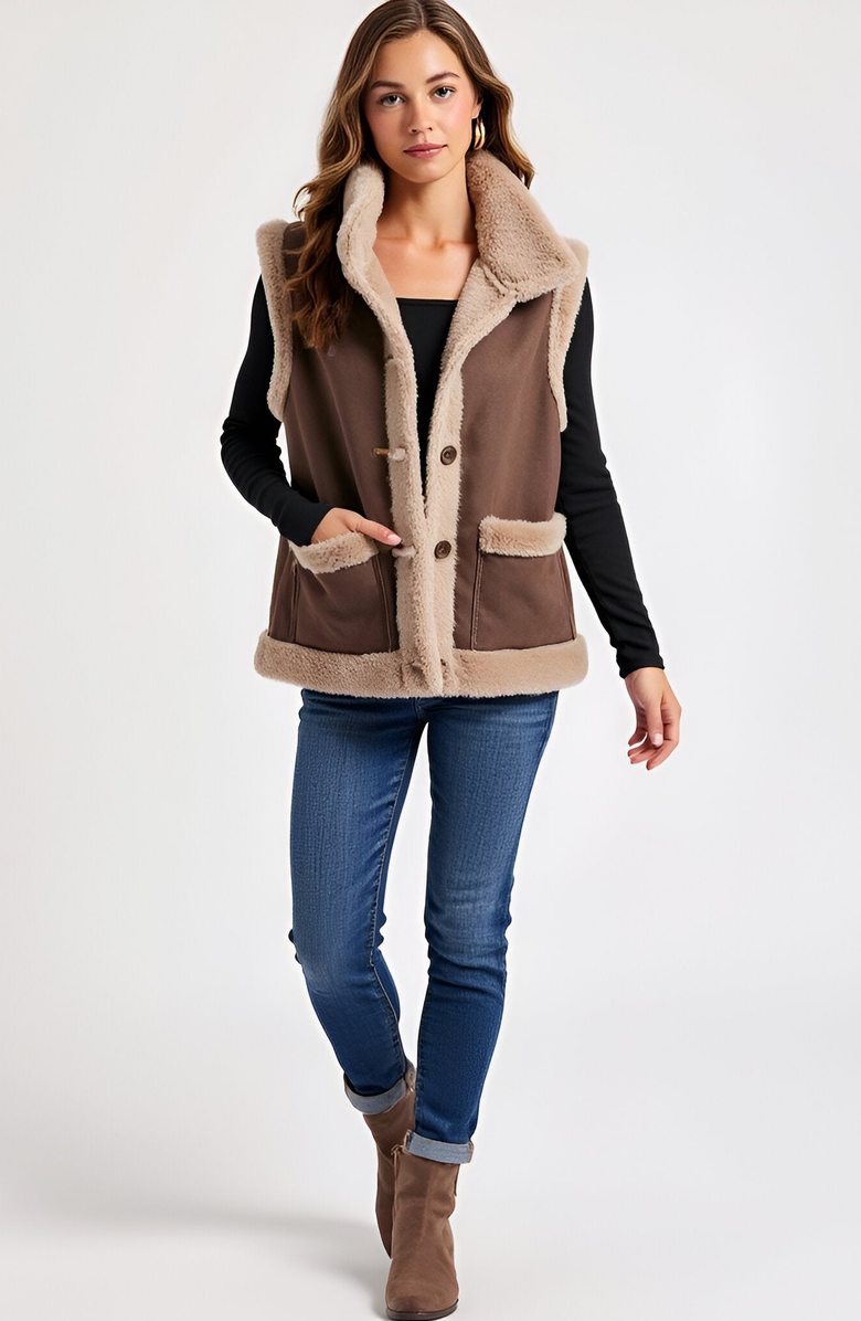 Modenaire Faux Shearling Trim Vest, Alternate, color, Faux Shearling