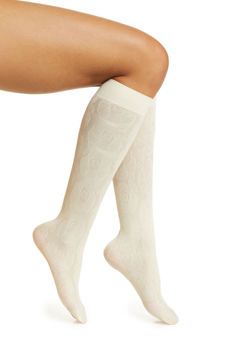 HIGH HEEL JUNGLE Maria Floral Lace Knee High Socks, Main, color, Ivory