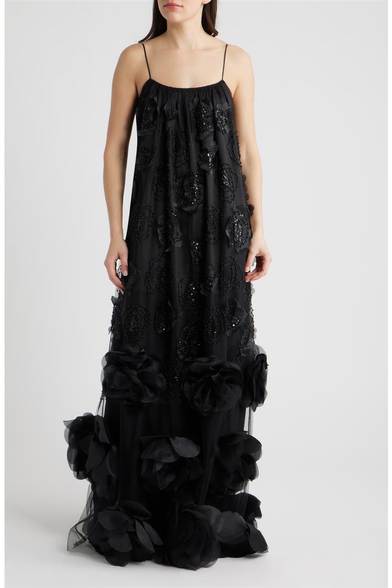 Ivy Beaded Floral Sleeveless Gown, Main, color, BLACK