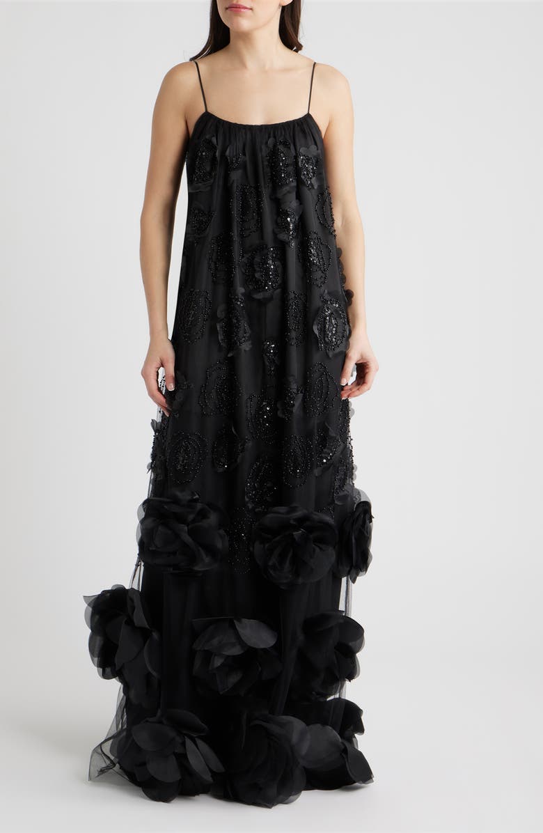 Delfi Collective Ivy Beaded Floral Sleeveless Gown, Main, color, Black