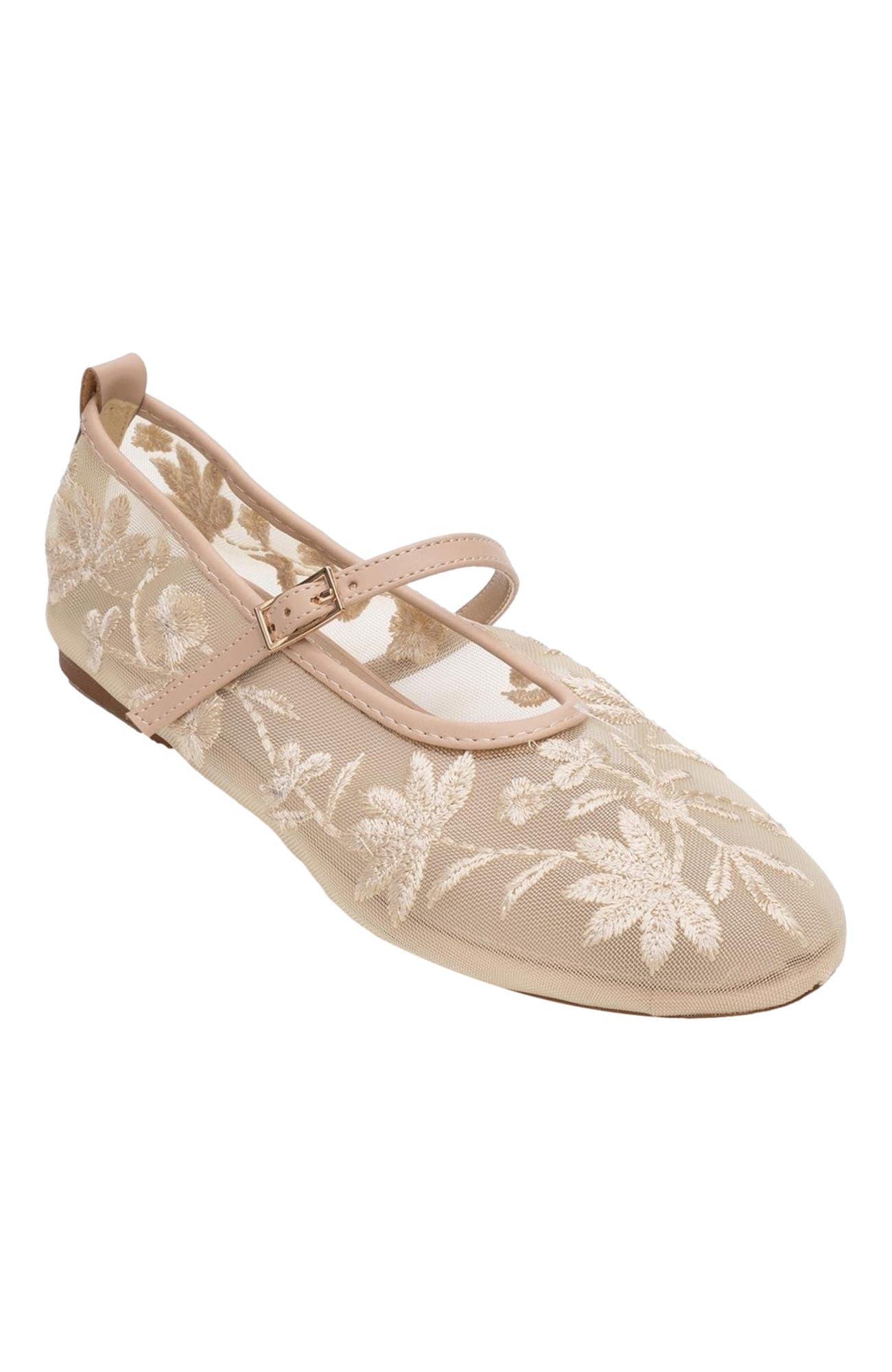 Prologue Shoes Juny Mesh Floral Embroidery Ballet Flat, Alternate, color, Beige Faux Leather