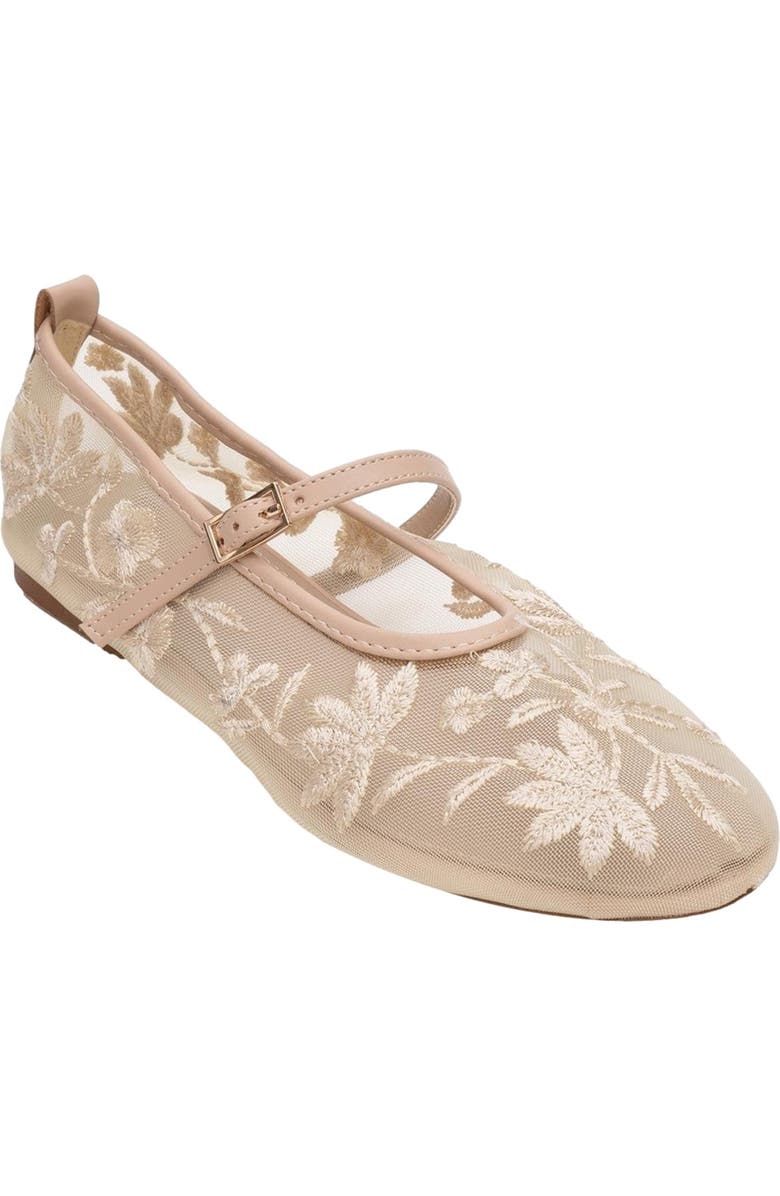 Prologue Shoes Juny Mesh Floral Embroidery Ballet Flat, Alternate, color, Beige Faux Leather