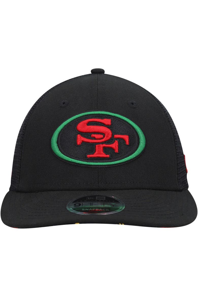 Men's New Era Black San Francisco 49ers Black Excellence Collection Trucker Low Profile 9FIFTY Snapback Hat, Alternate, color, Black