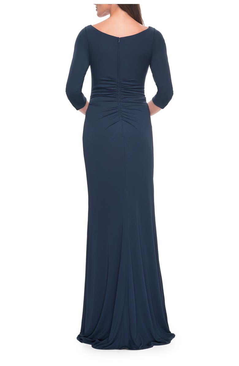La Femme Chic Long Evening Gown with High Neck and Ruffle Detail, Alternate, color, Navy
