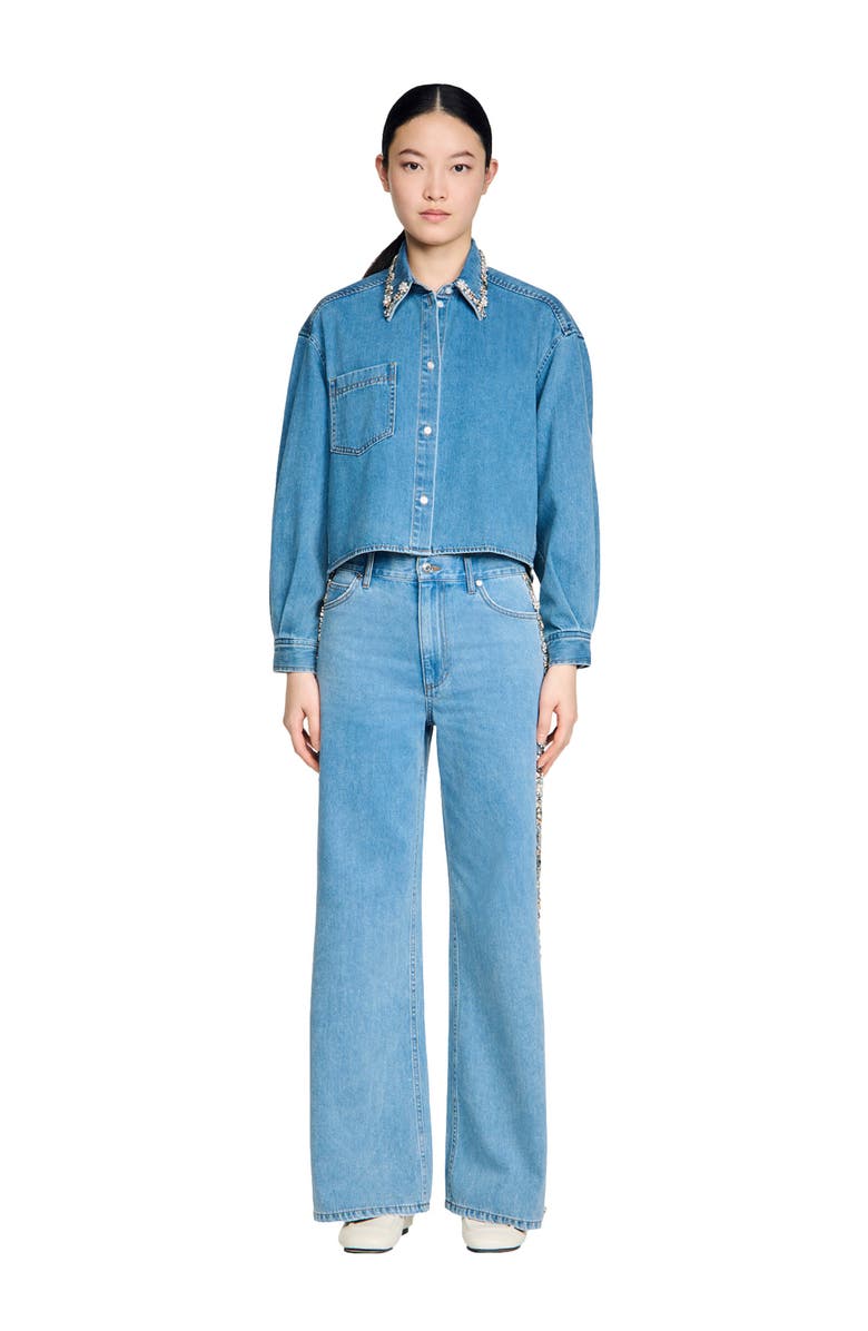 SANDRO Denim shirt with rhinestones, Alternate, color, Blue Jean