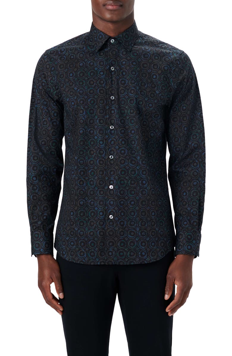 Bugatchi Shaped Fit Abstract Print Stretch Cotton Button-Up Shirt, Main, color,