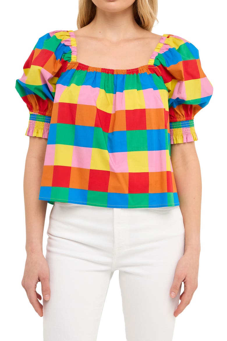 Rainbow Check Puff Sleeve Cotton Top, Main, color, MULTI