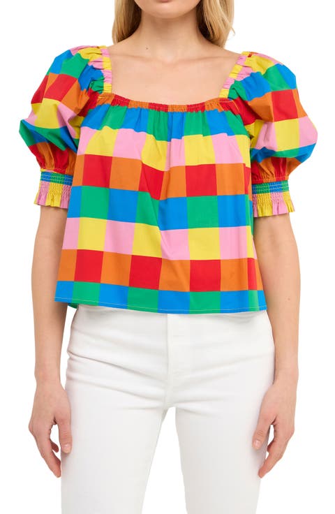 Rainbow Check Puff Sleeve Cotton Top