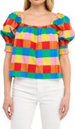 English Factory Rainbow Check Puff Sleeve Cotton Top