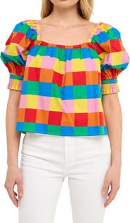 English Factory Rainbow Check Puff Sleeve Cotton Top