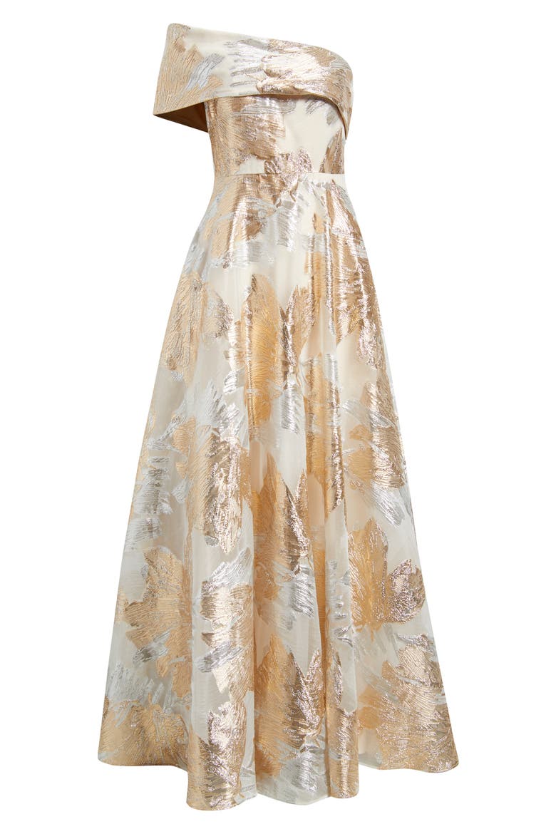 One-Shoulder Metallic Jacquard Gown, Alternate, color, CHAMPAGNE