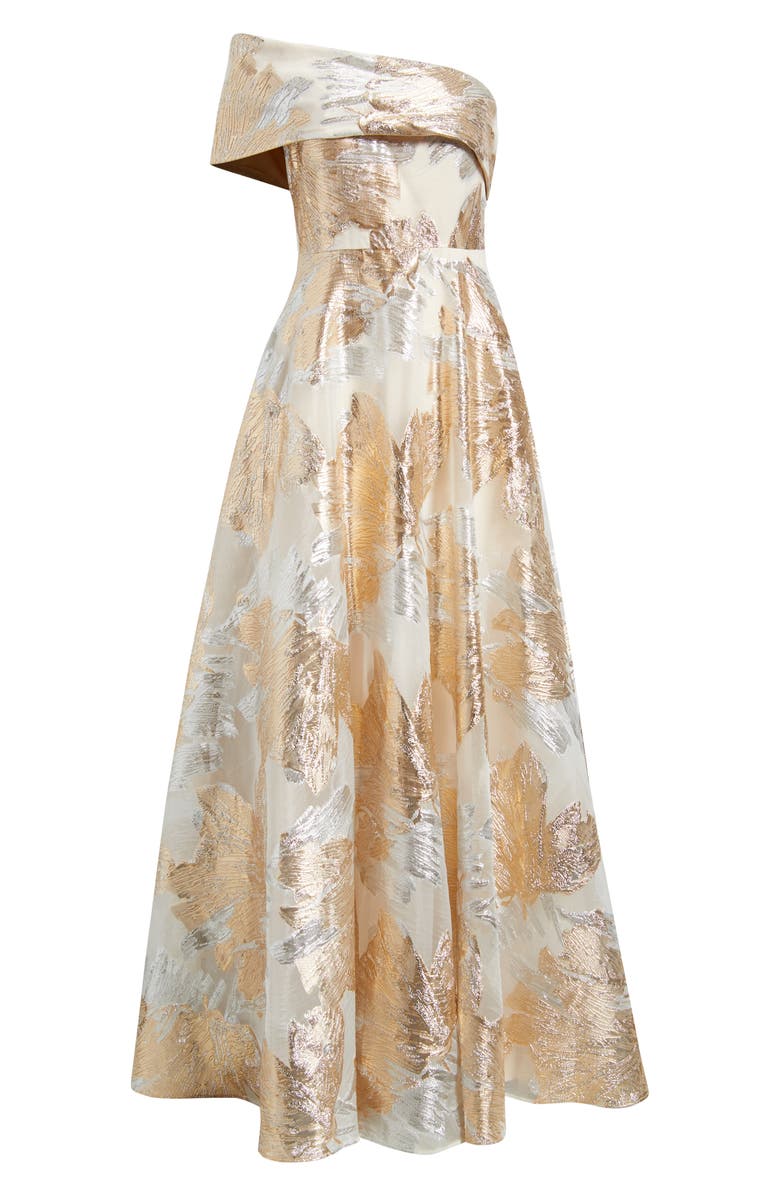 Eliza J One-Shoulder Metallic Jacquard Gown, Alternate, color, Champagne
