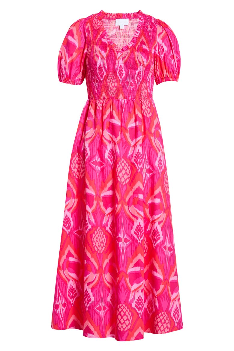 Prissa Ikat Brenty Smocked Midi Dress, Alternate, color, MAGENTA-CORAL