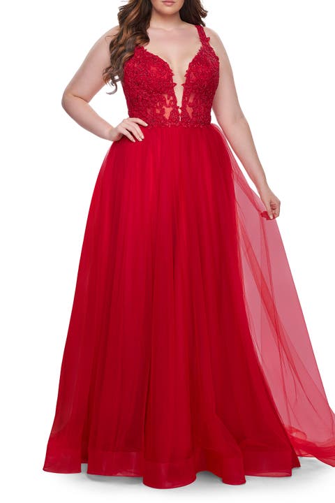 Deep V Plus Size Tulle Dress with Lace Illusion Bodice