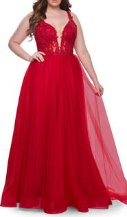 La Femme Deep V Plus Size Tulle Dress with Lace Illusion Bodice