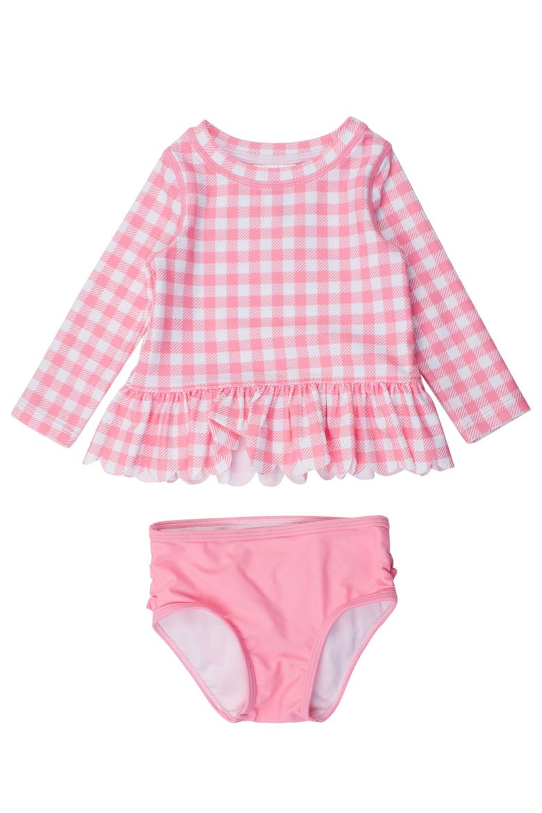 Girls UPF50+ Sun Protected Scallop Hem Long Sleeve Rash Guard Bikini, Main, color, Bubblegum Pink Gingham