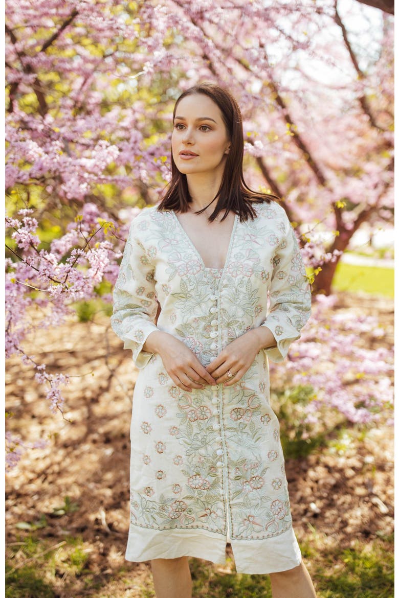 Keya Floral Embroidered Midi Dress, Alternate, color, Off-White