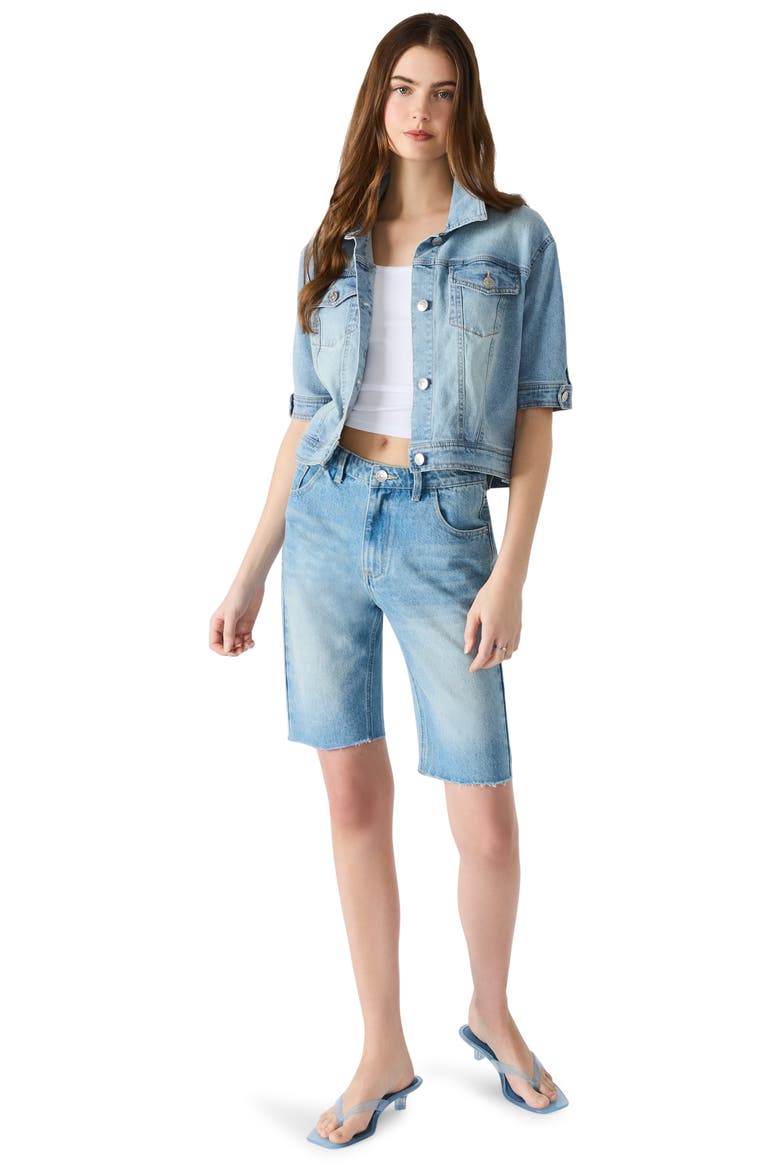 Blu Elbow Sleeve Denim Trucker Jacket, Alternate, color, MEDI BLUE DENIM