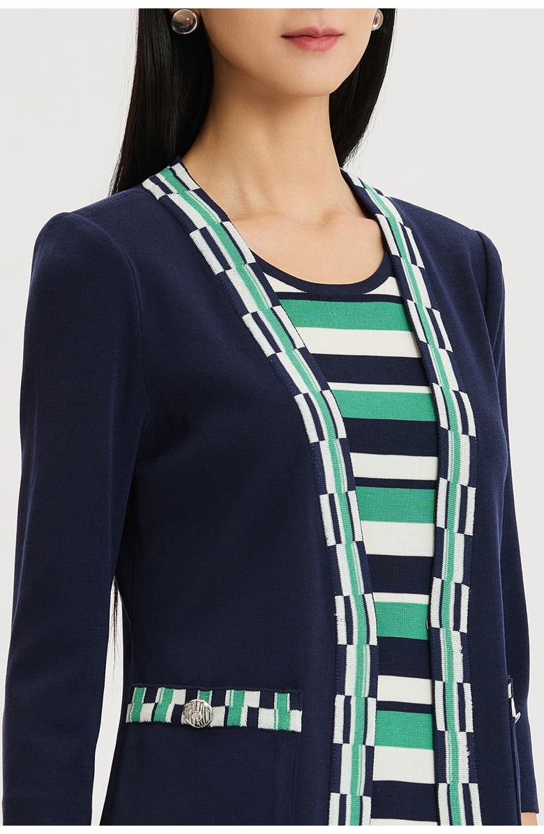 Ming Wang Heritage Checkered Trim Soft Knit Jacket, Alternate, color, Indigo/Kelly Green/Ivory
