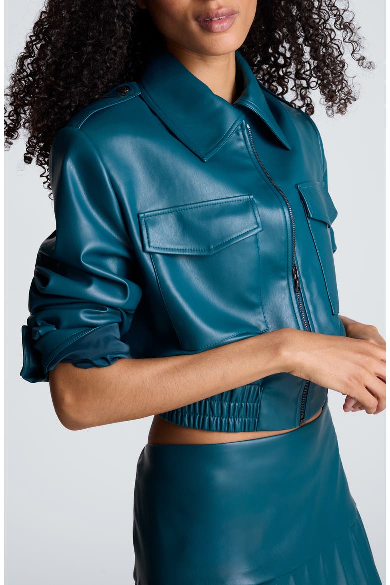 Faux Leather Cropped Bomber Jacket, Alternate, color, TEAL DUSK