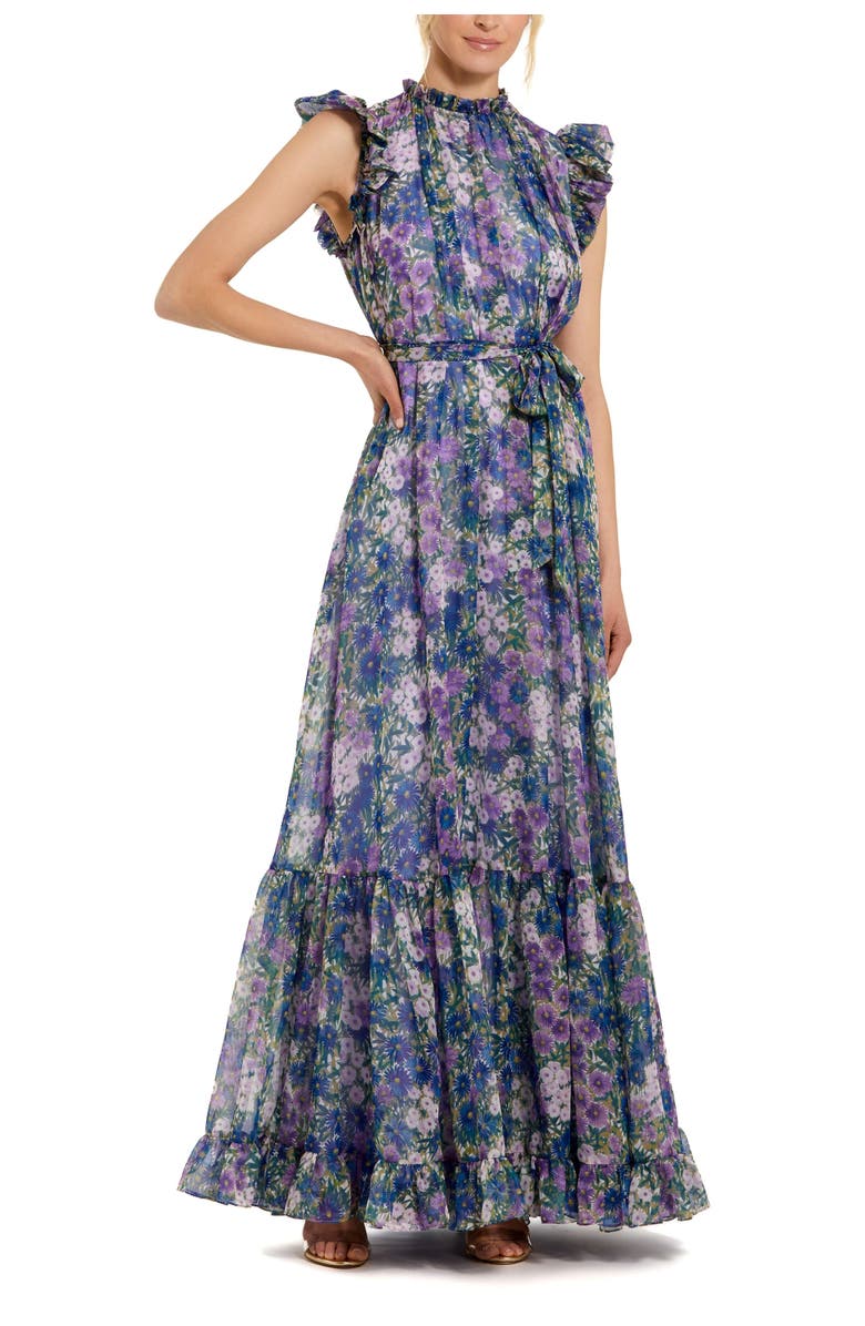 Mac Duggal Belted Floral Chiffon Ruffle Sleeve Gown, Main, color, Lilac Multi
