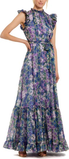 Mac Duggal Belted Floral Chiffon Ruffle Sleeve Gown | Nordstrom