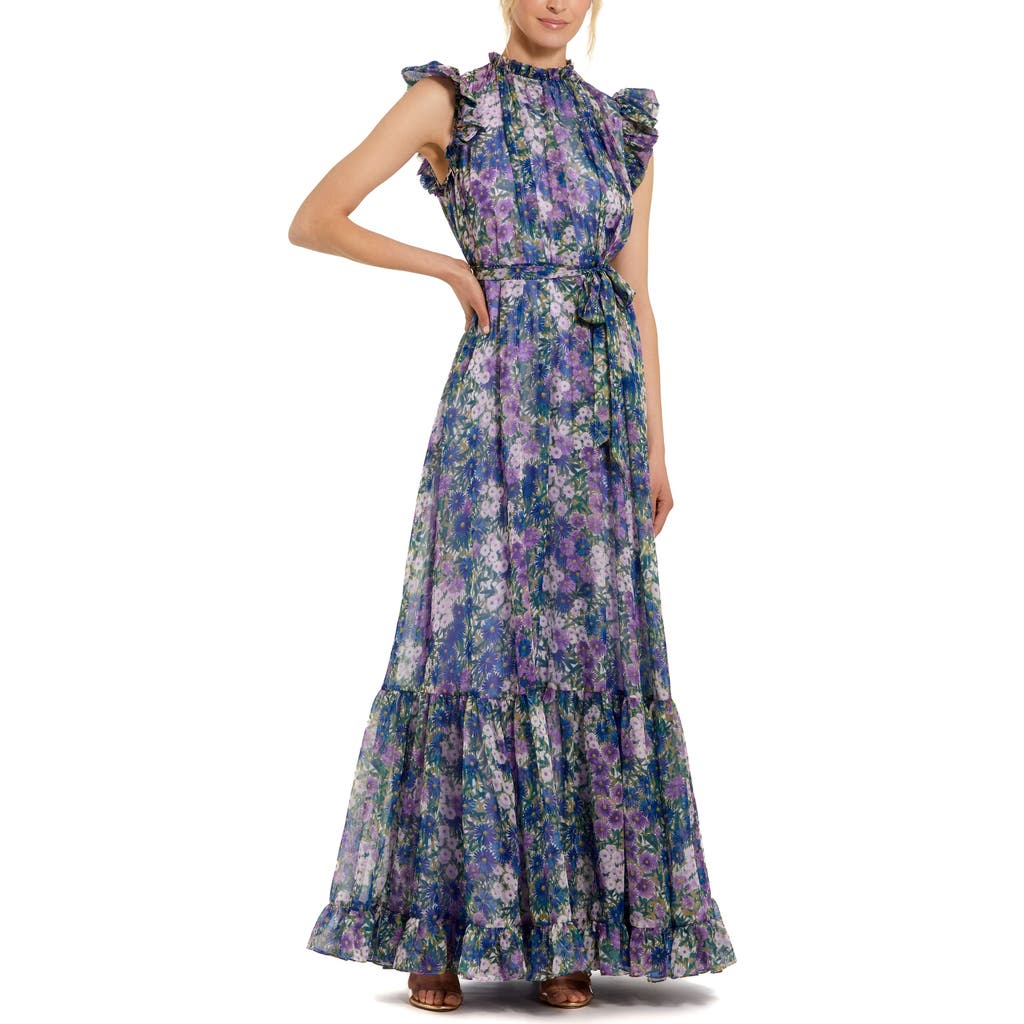 Mac Duggal Belted Floral Chiffon Ruffle Sleeve Gown In Lilac Multi