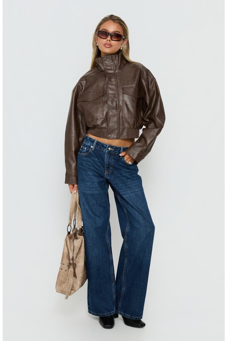 Ace Player Funnel Neck Crop Faux Leather Jacket, Alternate, color, BROWN
