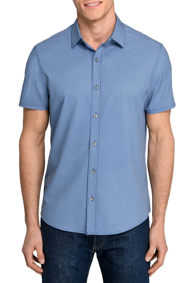 Basic Slim Fit Abstract Geo Short Sleeve Performance Button-Up Shirt, Main, color, NAVY