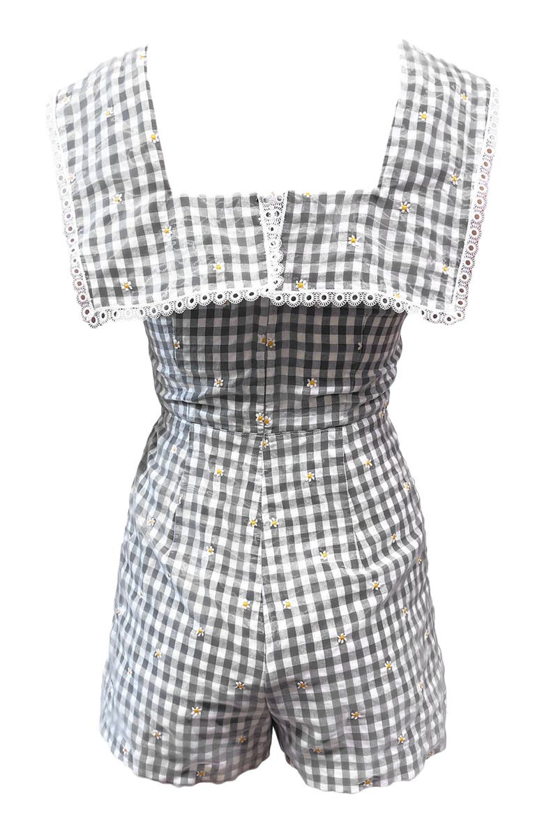 Anna Sui Daisy Embroidery On Gingham Romper, Alternate, color, Black Multi