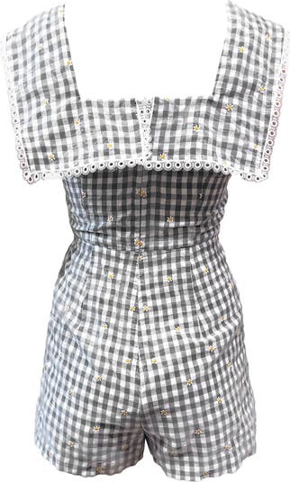 Daisy Embroidery On Gingham Romper