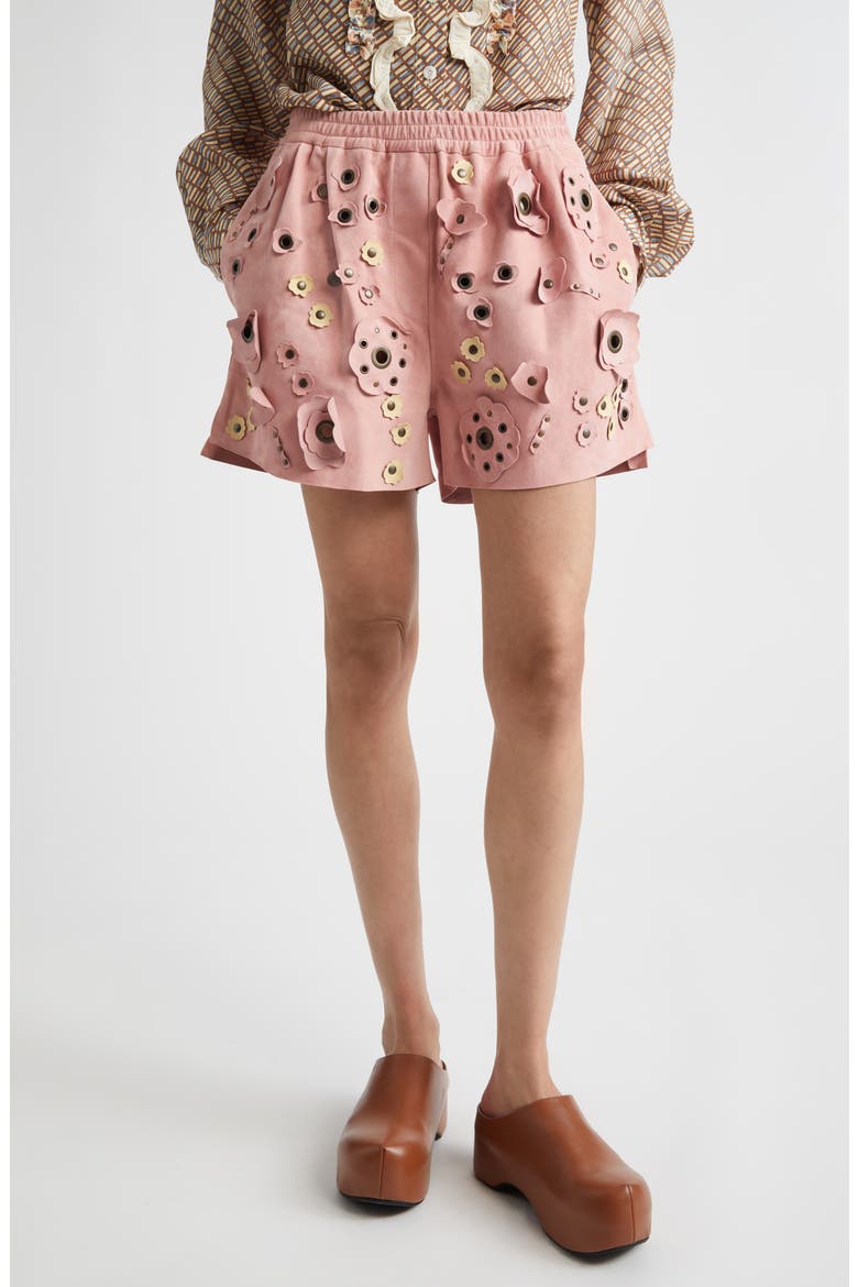 Floral Appliqué Suede Shorts, Main, color, 00C20QUARTZ