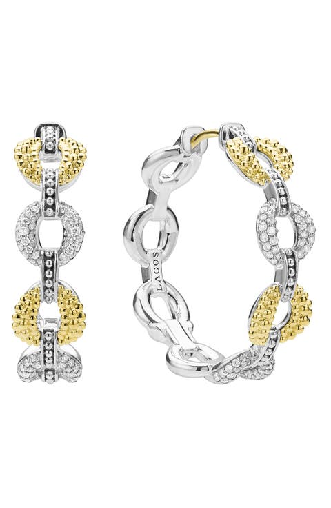 Caviar Lux 2-Tone Link Diamond Hoop Earrings