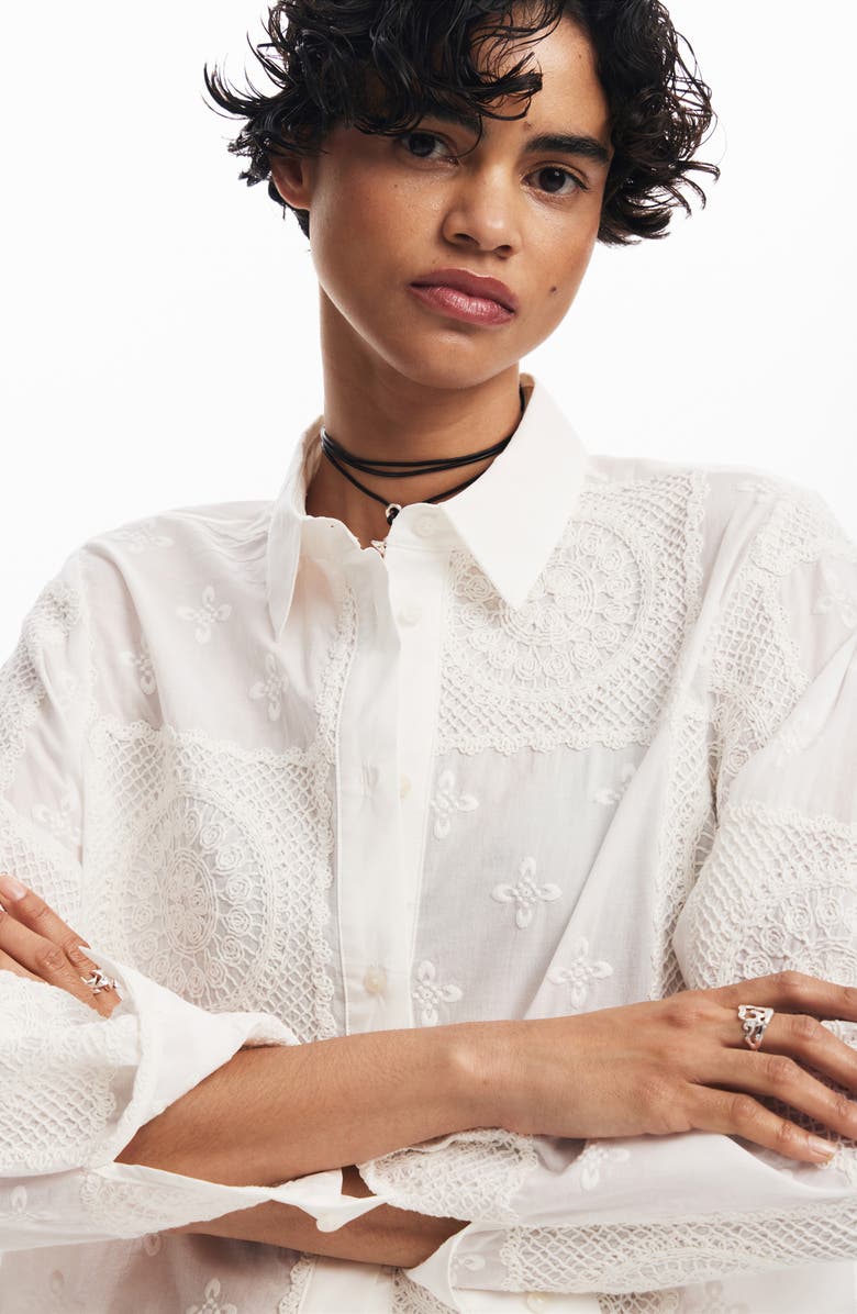 Desigual Sendai Embroidered Cotton Button-Up Shirt, Alternate, color, White