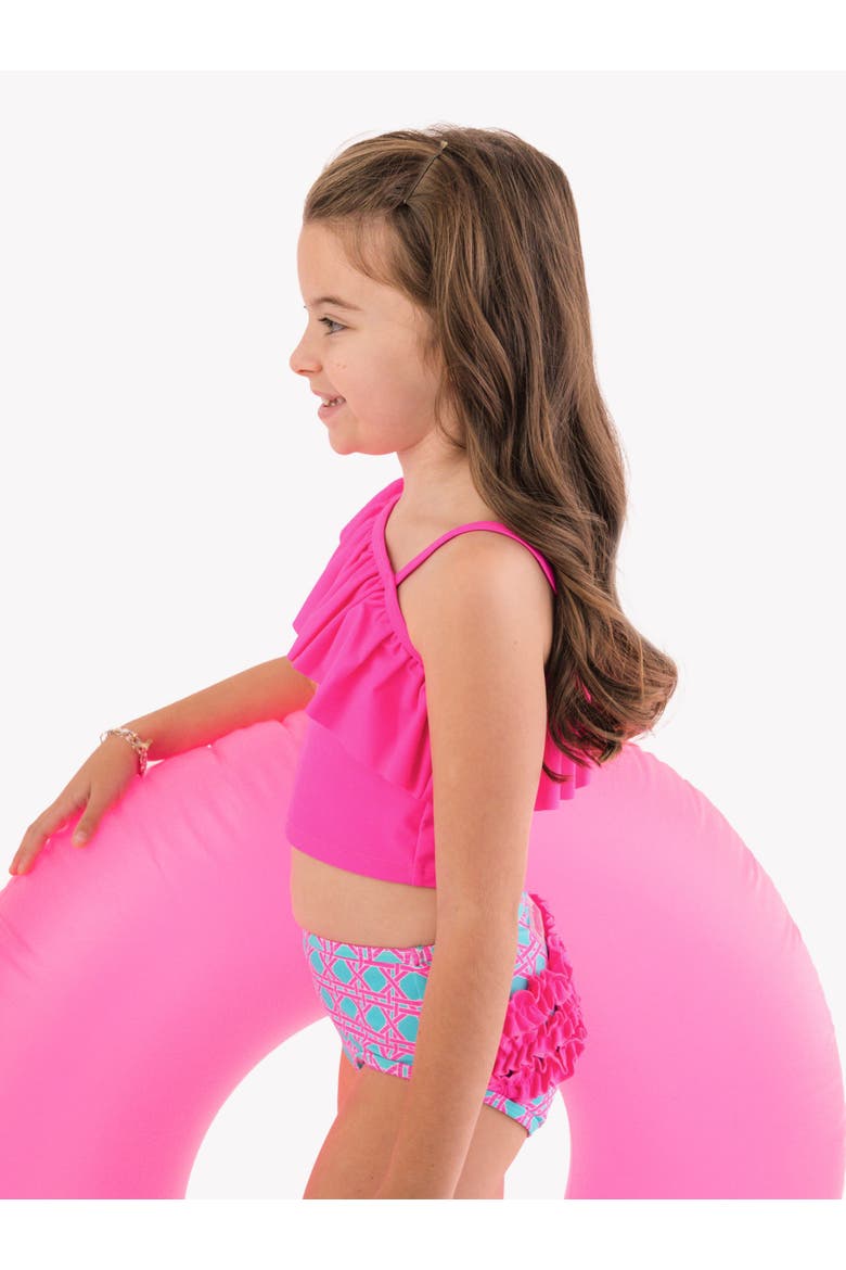Girls One Shoulder Ruffle UPF50+ Tankini, Alternate, color, Neon Sorbet Cane