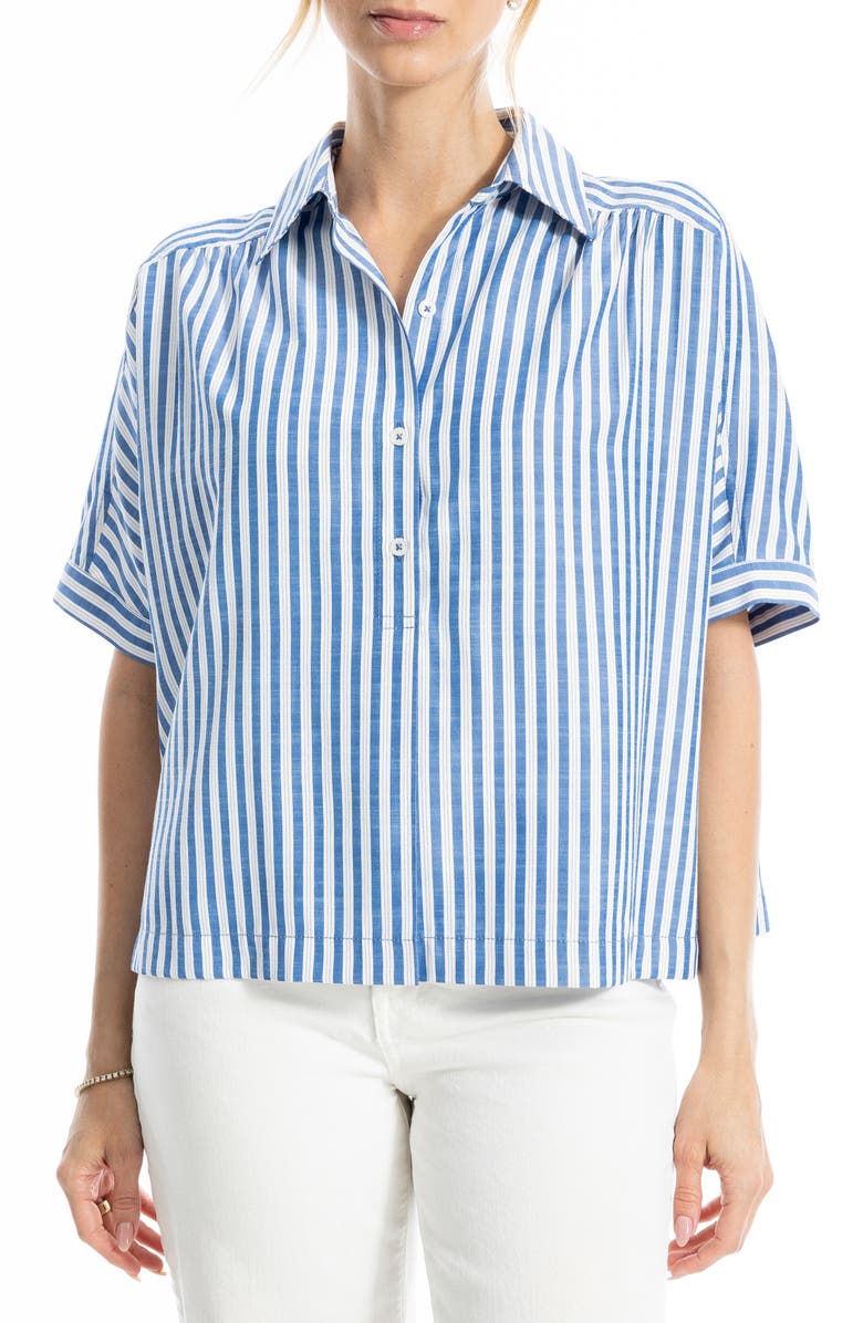 MAX STUDIO Stripe Elbow Sleeve Button-Up Shirt, Main, color, Off White/ Denim Stripe